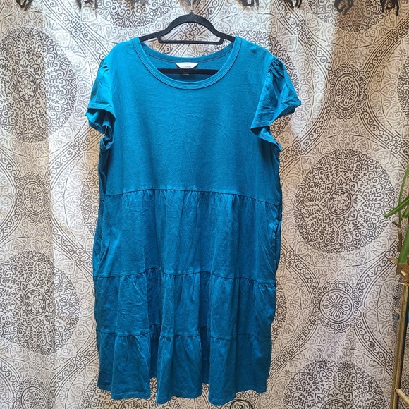 Time and Tru Dresses & Skirts - Time and Tru Tiered Dress Women XXL 20 Teal Flutter Sleeve Pockets 100% Cotton
